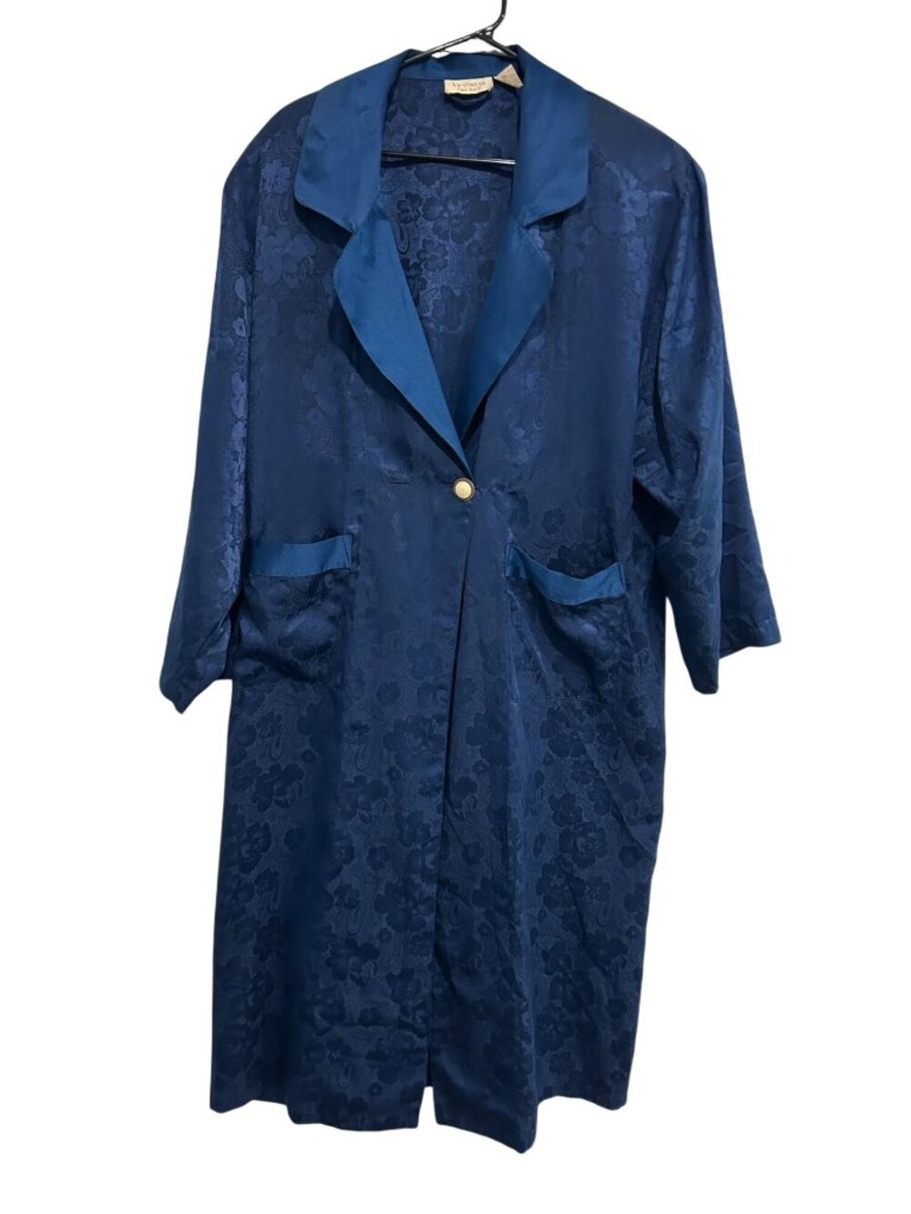 Vintage Victorias Secret Navy Floral Jacquard Long Robe Coat Size L Retro Glam